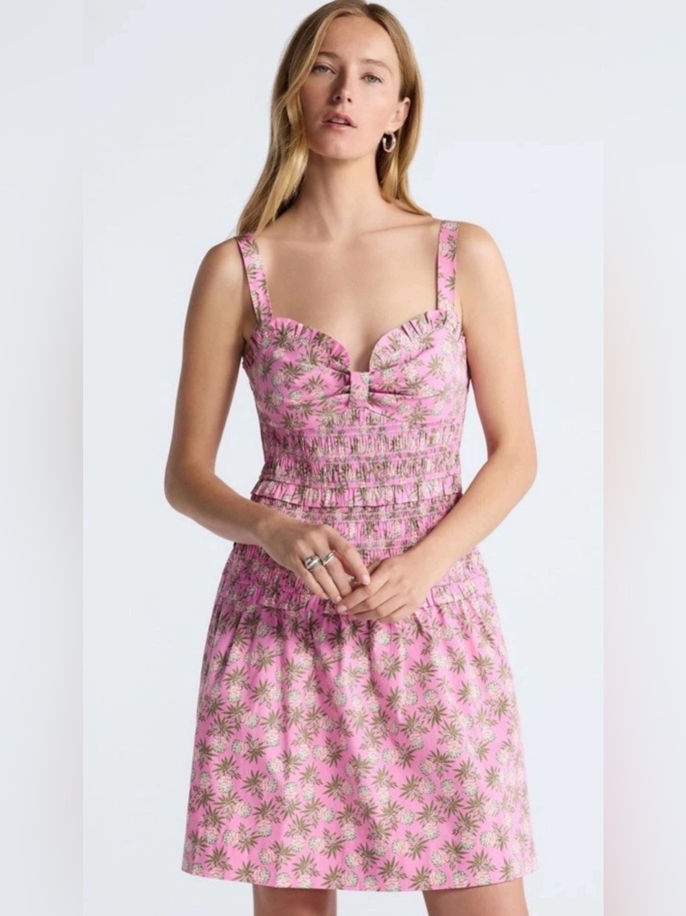 Free Assembly Ruched Cotton Floral Midi Dress White & Pink Size S(4/6)